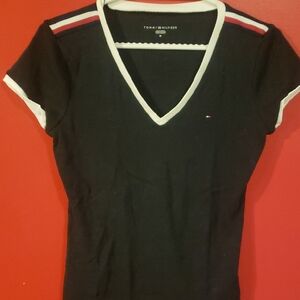 Tommy Hilfiger Women's Black V-Neck Tee with Red and White Accents